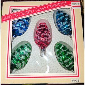 Vintage Hand-Decorated Handblown Glass Pinecone Christmas Ornaments 5 Pcs Multic